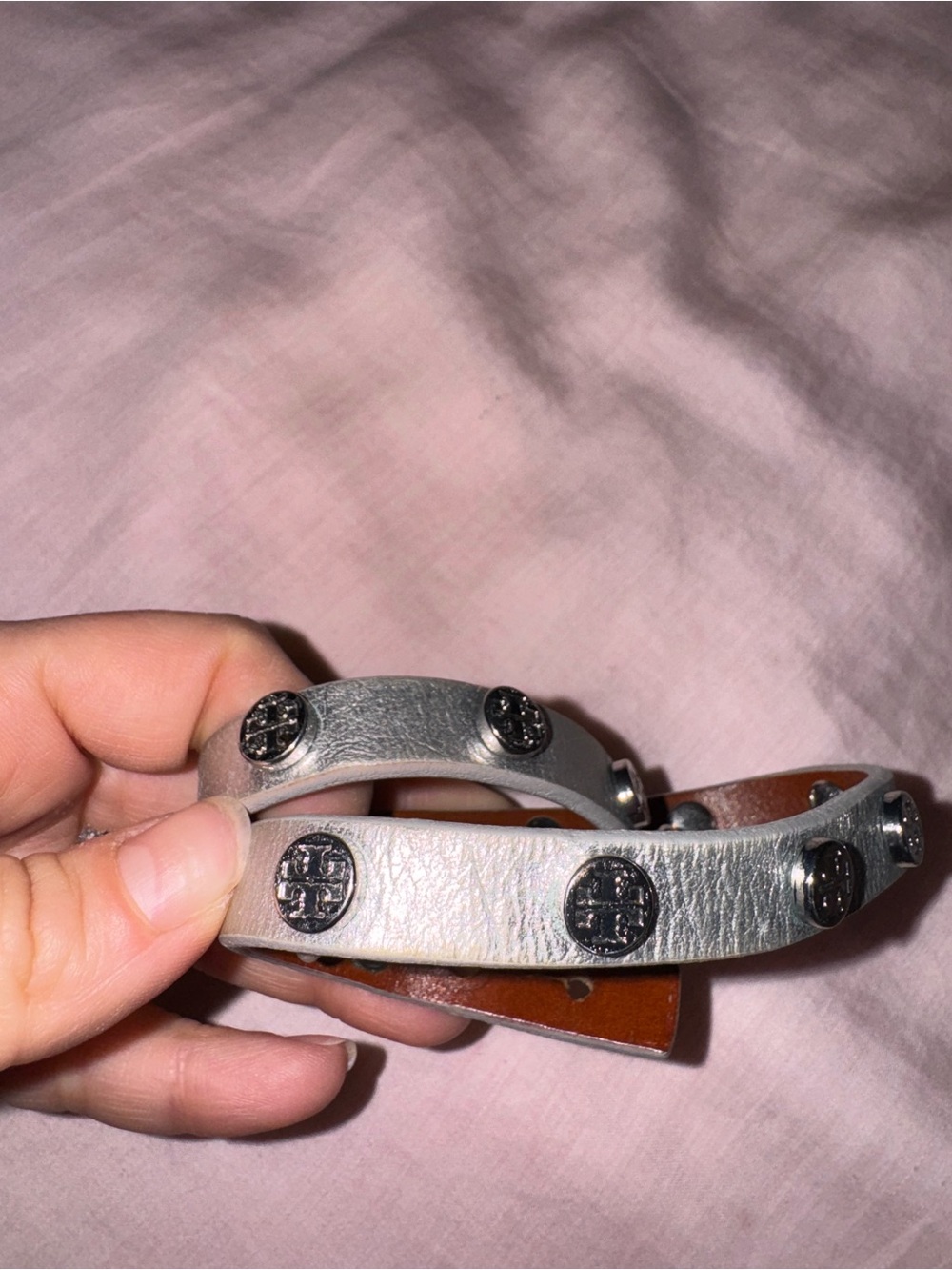 Tory Burch Metallic Silver Double-Wrap Logo-Stud Bracelet
